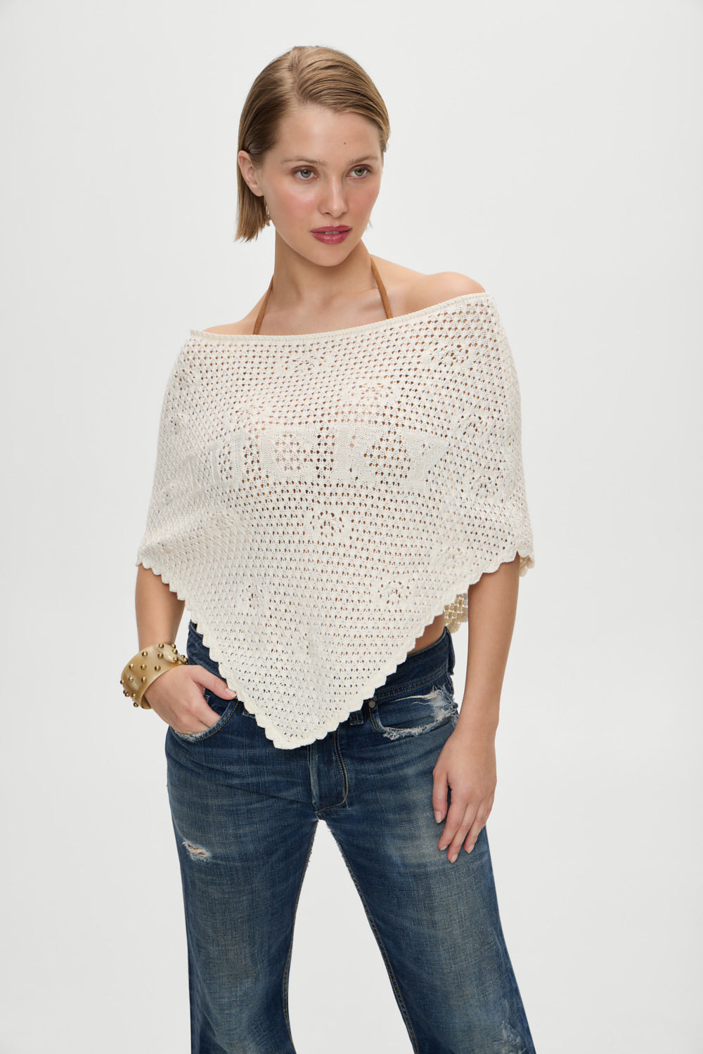 Frankies Bikinis sale x BELLA HADID Western Crochet Poncho - White