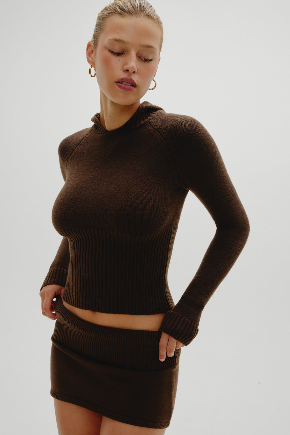 Frankies Bikinis sale Hazel Knit Hoodie - Chocolate Brown