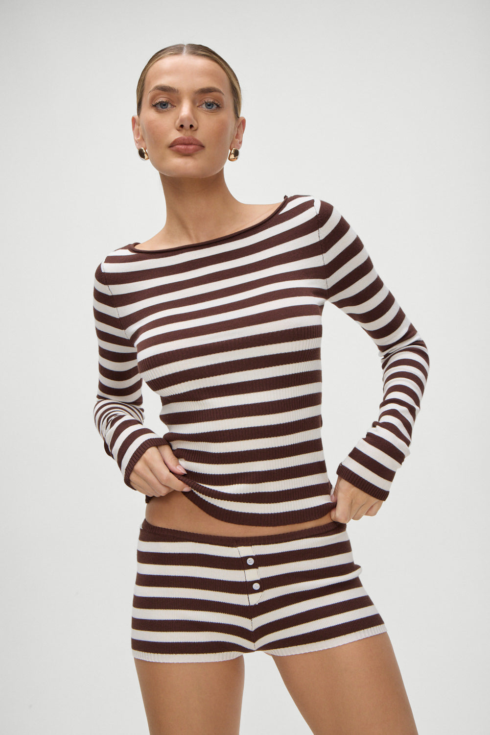 Frankies Bikinis sale Bradley Knit Booty Shorts - Brown Sugar Stripe