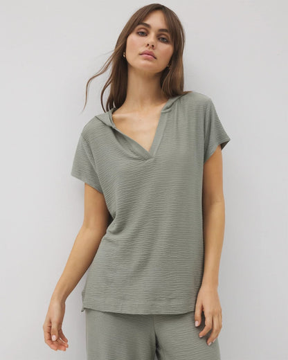 Soma Crinkle Knit Short Sleeve V-Neck Hoodie