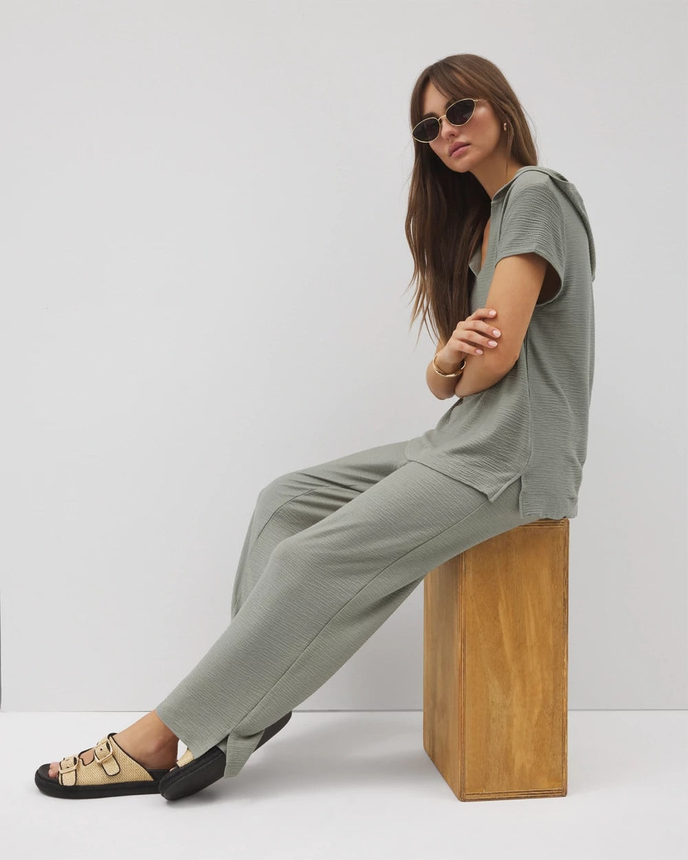 Soma Crinkle Knit Short Sleeve V-Neck Hoodie