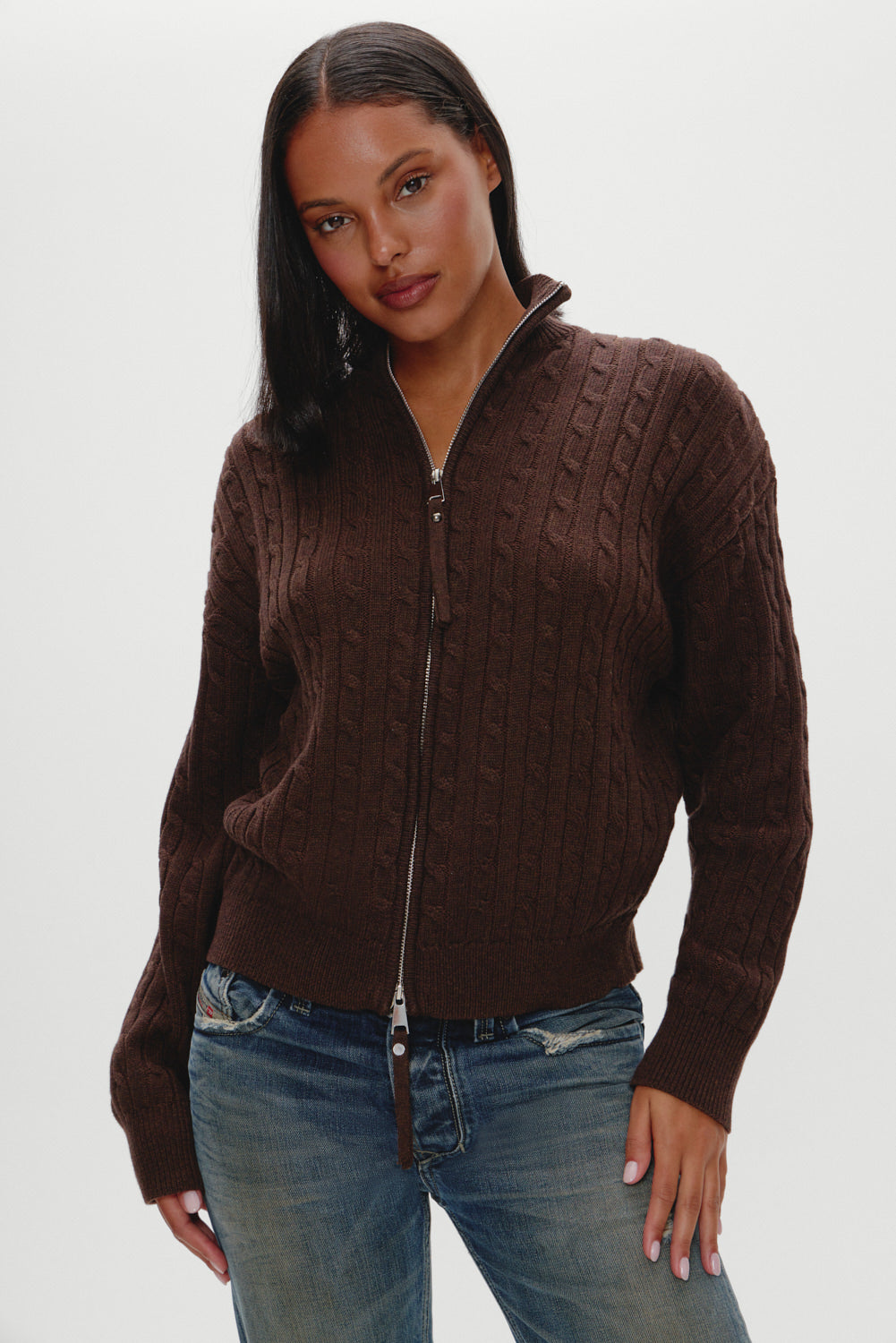 Frankies Bikinis sale|clothing Bea Cable Knit Zip Up Sweater - Chocolate Brown