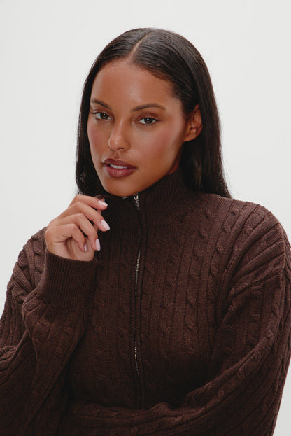 Frankies Bikinis sale|clothing Bea Cable Knit Zip Up Sweater - Chocolate Brown