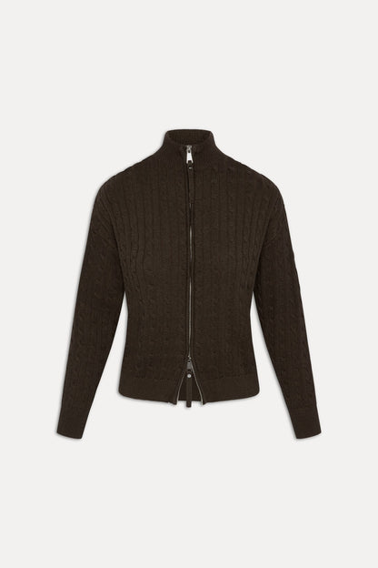 Frankies Bikinis sale|clothing Bea Cable Knit Zip Up Sweater - Chocolate Brown