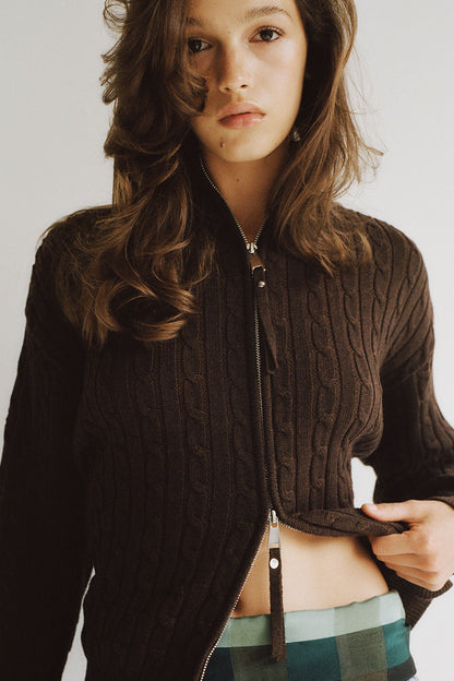 Frankies Bikinis sale|clothing Bea Cable Knit Zip Up Sweater - Chocolate Brown