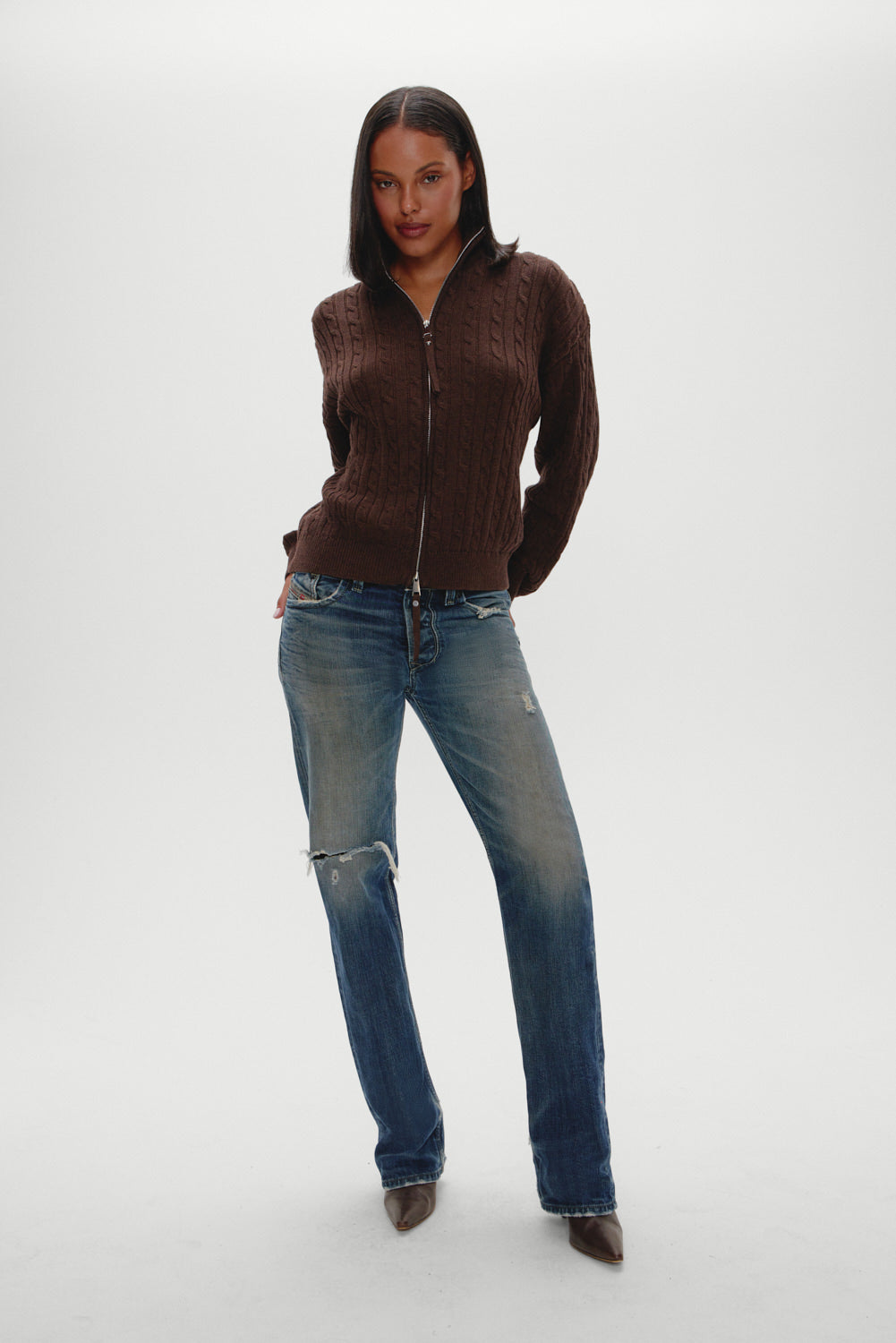 Frankies Bikinis sale|clothing Bea Cable Knit Zip Up Sweater - Chocolate Brown