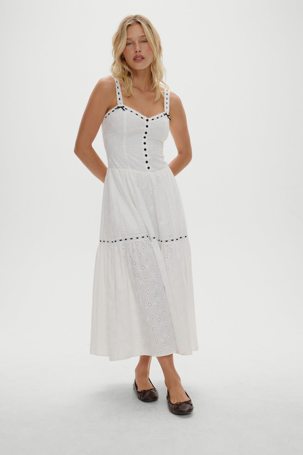 Frankies Bikinis sale x BELLA HADID Bishop Eyelet Maxi Dress - Salt Air Eyelet