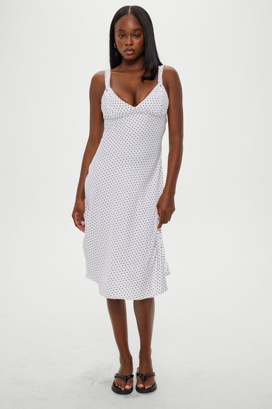 Frankies Bikinis clothing|collections Aurora Satin Midi Dress - White Polka Dot