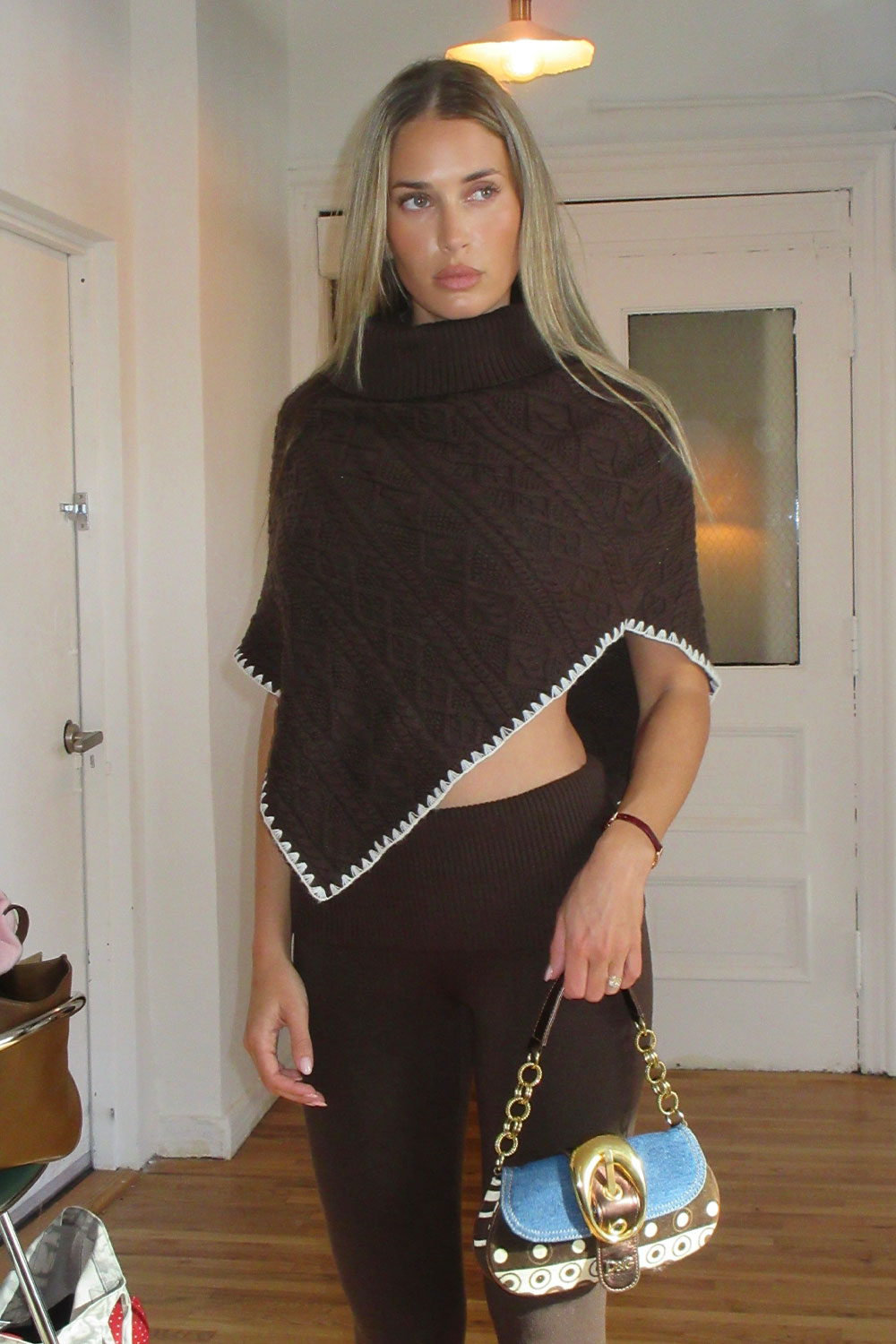Frankies Bikinis sale Windswept Cotton Knit Poncho - Chocolate Brown