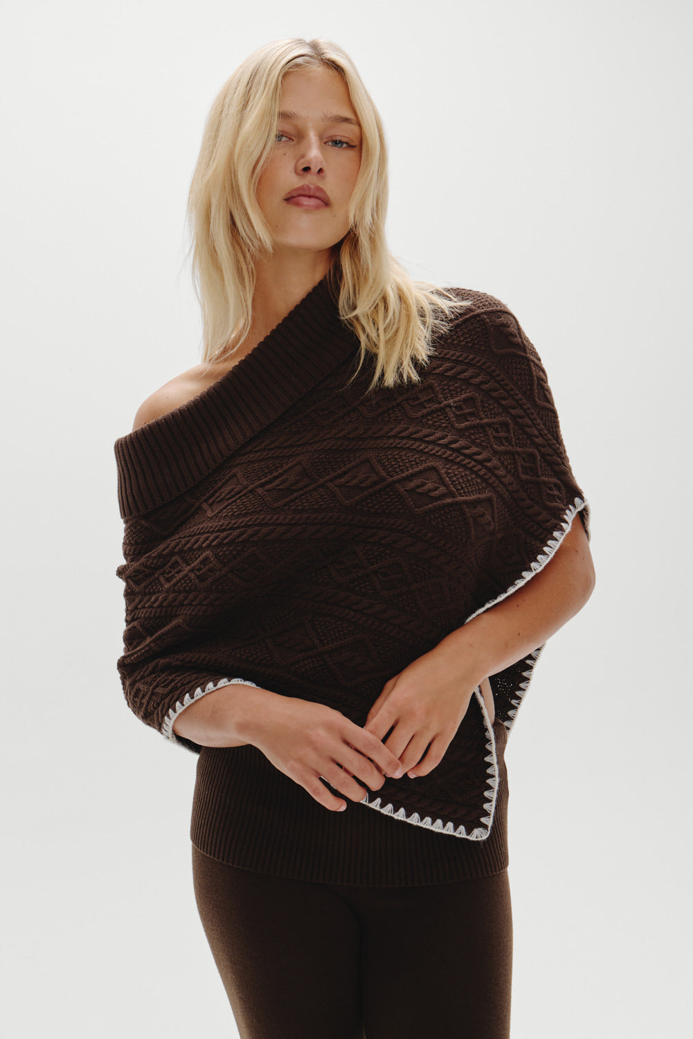 Frankies Bikinis sale Windswept Cotton Knit Poncho - Chocolate Brown