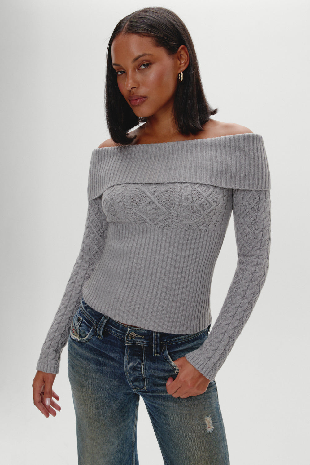 Frankies Bikinis sale Jazz Off The Shoulder Knit Sweater - Cloud Cover