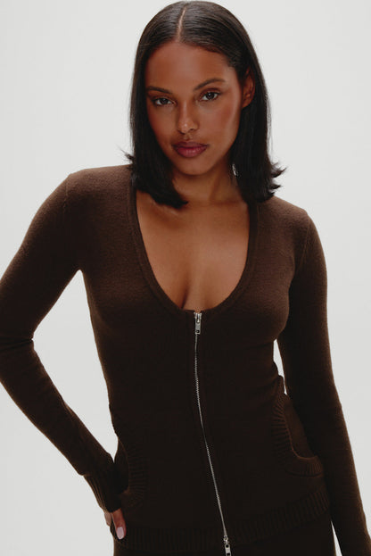 Frankies Bikinis sale Sienna Zip Up Knit Sweater - Chocolate Brown