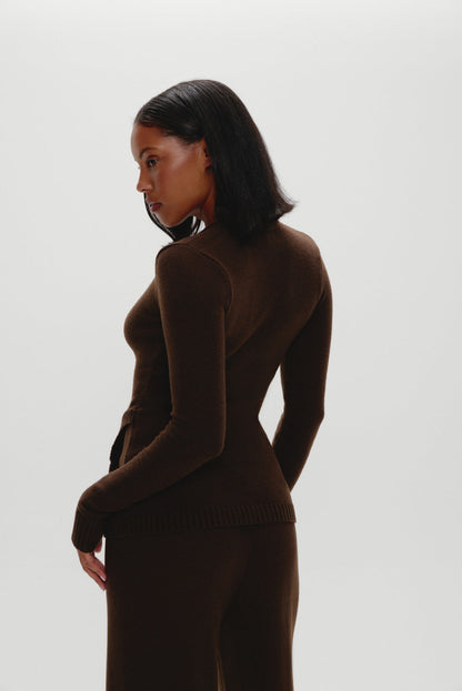 Frankies Bikinis sale Sienna Zip Up Knit Sweater - Chocolate Brown