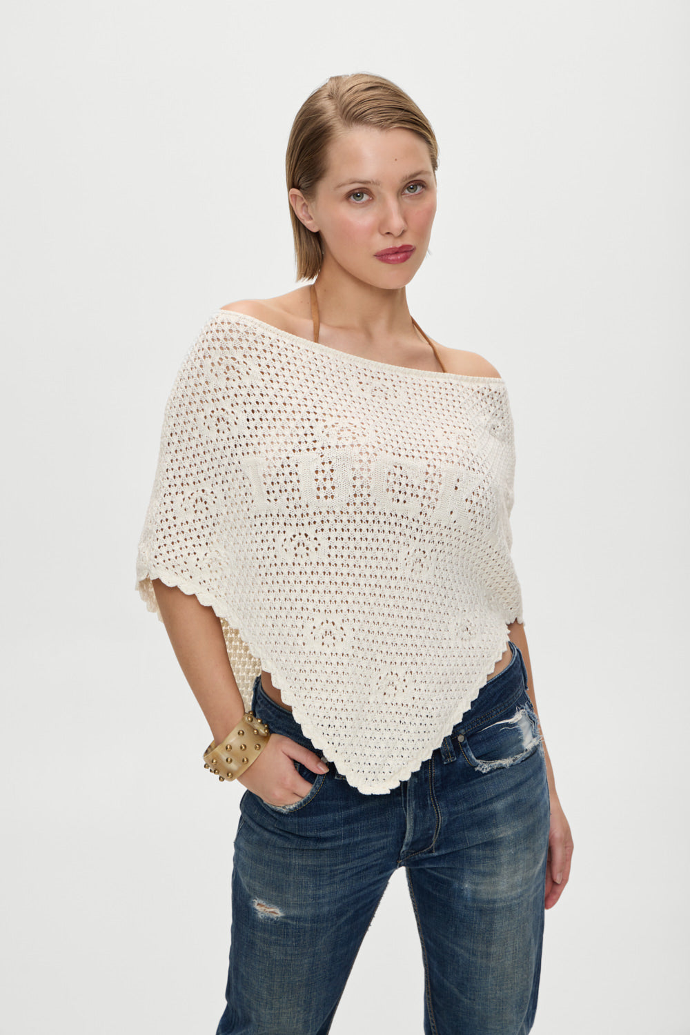 Frankies Bikinis sale x BELLA HADID Western Crochet Poncho - White