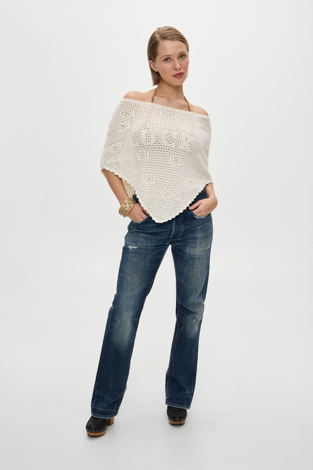 Frankies Bikinis sale x BELLA HADID Western Crochet Poncho - White