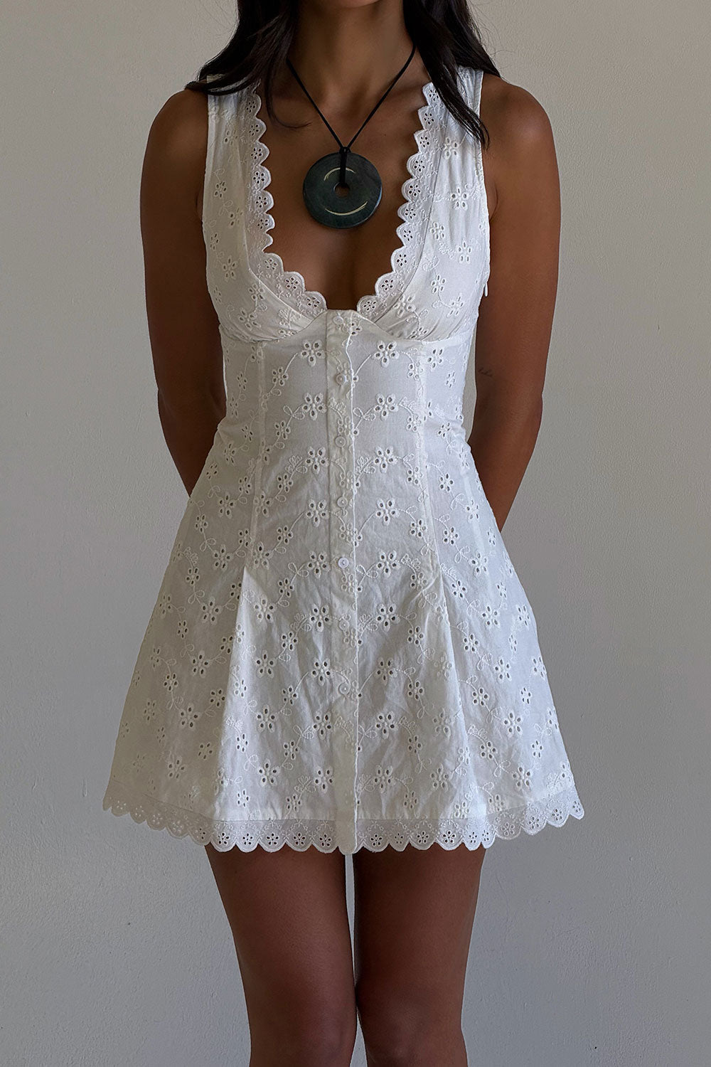Frankies Bikinis sale x BELLA HADID Farm Eyelet Mini Dress - Salt Air Eyelet