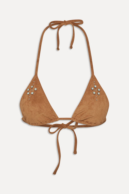 Frankies Bikinis sale x BELLA HADID Paradise Suede Halter Bikini Top - Sunkissed Suede