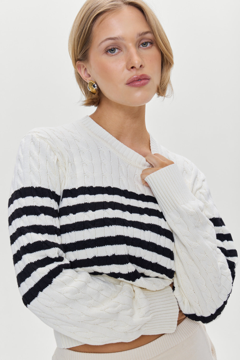Frankies Bikinis sale Varsity Striped Cable Knit Sweater - Ivory