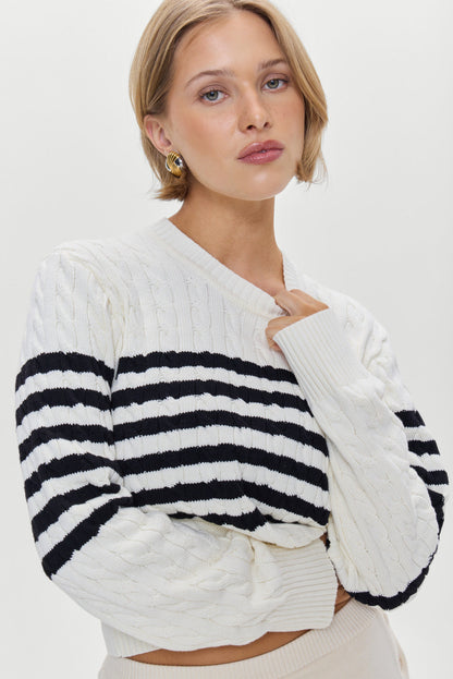 Frankies Bikinis sale Varsity Striped Cable Knit Sweater - Ivory