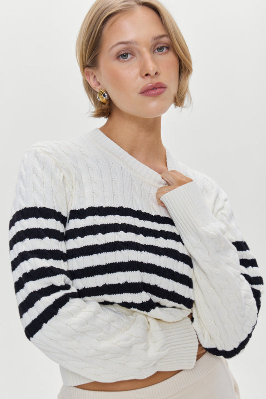 Frankies Bikinis sale Varsity Striped Cable Knit Sweater - Ivory