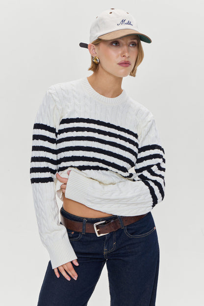 Frankies Bikinis sale Varsity Striped Cable Knit Sweater - Ivory
