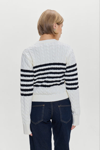 Frankies Bikinis sale Varsity Striped Cable Knit Sweater - Ivory