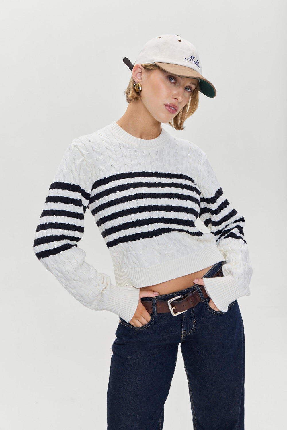 Frankies Bikinis sale Varsity Striped Cable Knit Sweater - Ivory