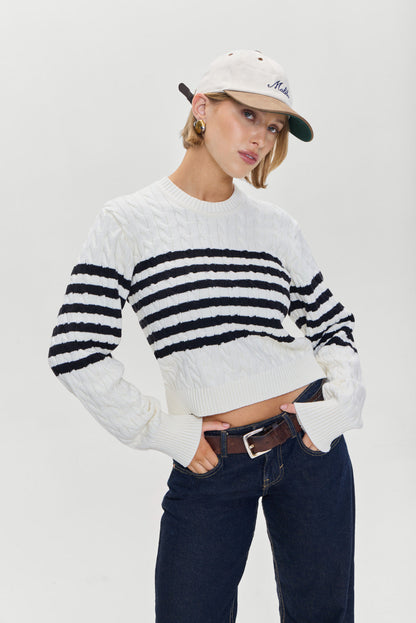 Frankies Bikinis sale Varsity Striped Cable Knit Sweater - Ivory