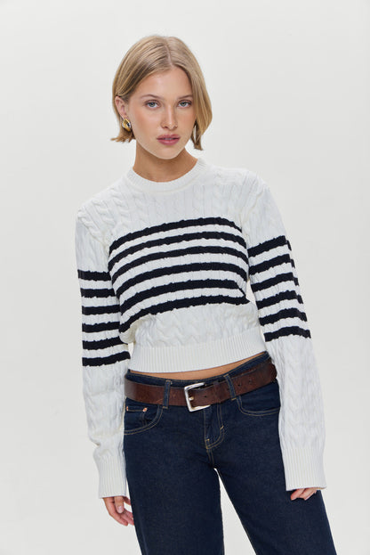 Frankies Bikinis sale Varsity Striped Cable Knit Sweater - Ivory