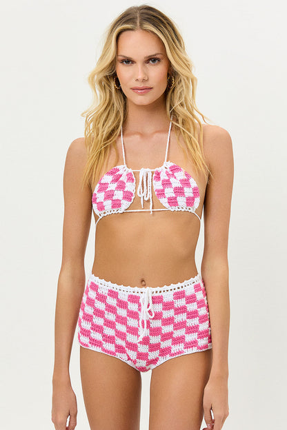 Frankies Bikinis sale Eliza Crochet Halter Bikini Top - Pink Checker