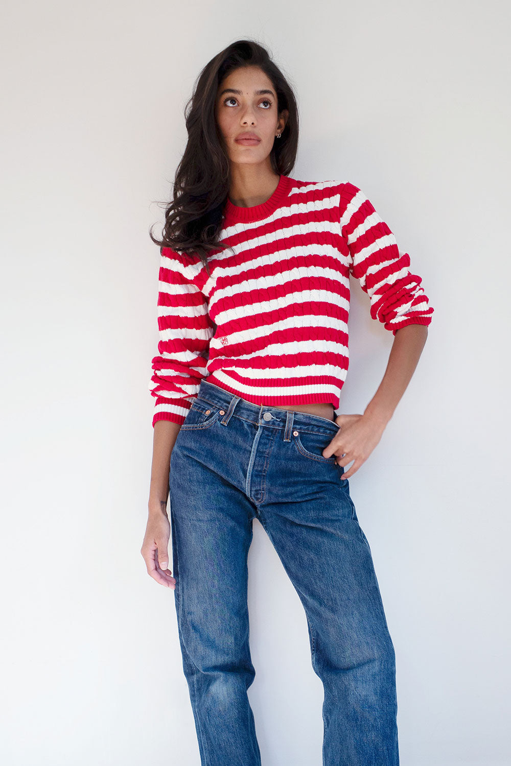 Frankies Bikinis sale Varsity Cable Knit Sweater - Heartstrings Stripe