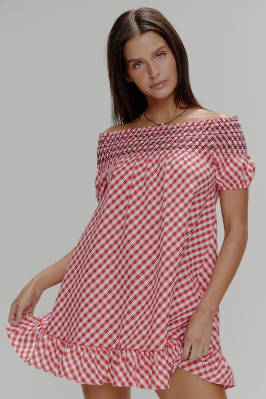 Frankies Bikinis sale Ruby Gingham Babydoll Dress - Cherry Picnic
